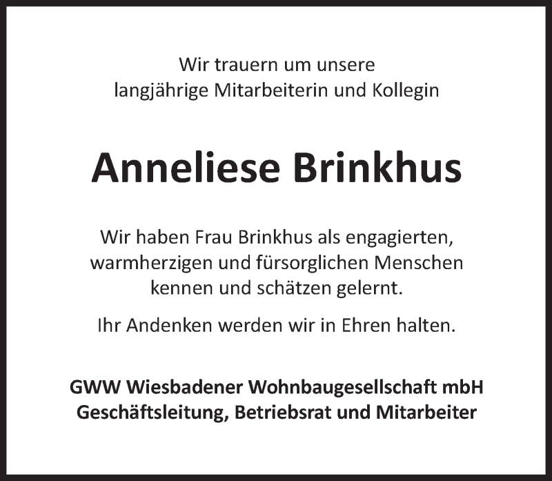  Traueranzeige für Anneliese Brinkhus vom 11.11.2015 aus  Wiesbaden komplett