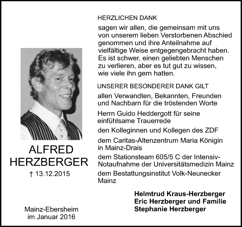  Traueranzeige für Alfred Herzberger vom 23.01.2016 aus  Allgemeine Zeitung Mainz