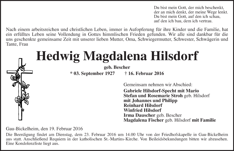  Traueranzeige für Hedwig Magdalena Hilsdorf vom 19.02.2016 aus  Allgemeine  Zeitung Ingelheim-Bingen