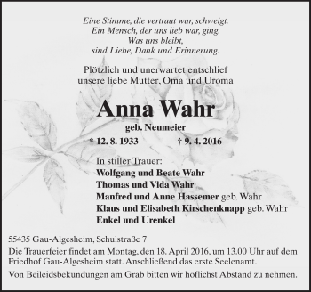 Traueranzeige von Anna Wahr von  Allgemeine  Zeitung Ingelheim-Bingen