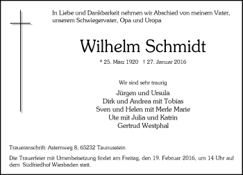 Traueranzeige von Wilhelm Schmidt von  Wiesbaden komplett