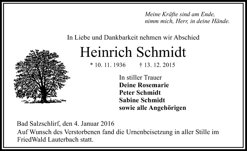  Traueranzeige für Heinrich Schmidt vom 04.01.2016 aus VRM Trauer