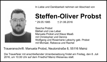 Traueranzeige von Steffen-Oliver Probst von Trauerportal Rhein Main Presse