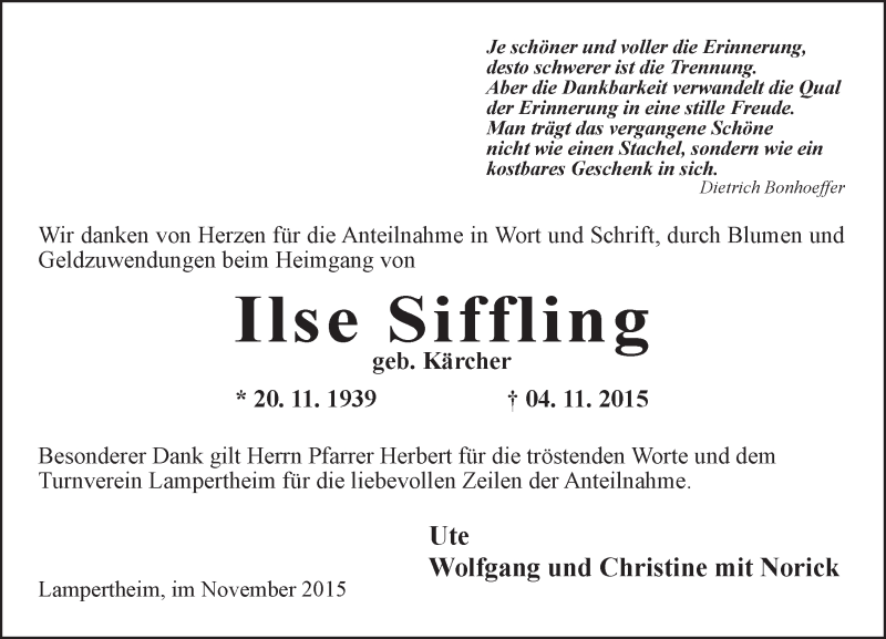  Traueranzeige für Ilse Siffling vom 28.11.2015 aus  Bürstädter Zeitung