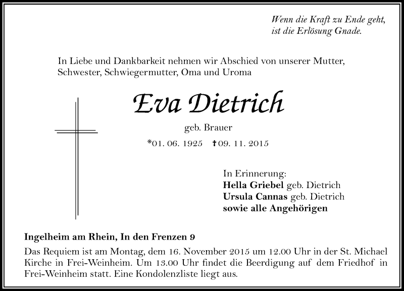  Traueranzeige für Eva Dietrich vom 11.11.2015 aus  Allgemeine  Zeitung Ingelheim-Bingen