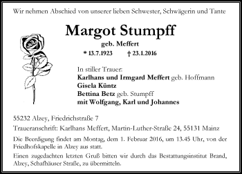 Traueranzeige von Margot Stumpff von  Allgemeine Zeitung Alzey
