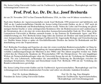 Traueranzeige von Josef Breburda von  Gießener Anzeiger