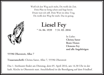 Traueranzeige von Liesel Fey von  Allg. Zeitung Bad Kreuznach