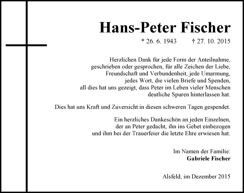  Traueranzeige für Hans-Peter Fischer vom 05.12.2015 aus VRM Trauer