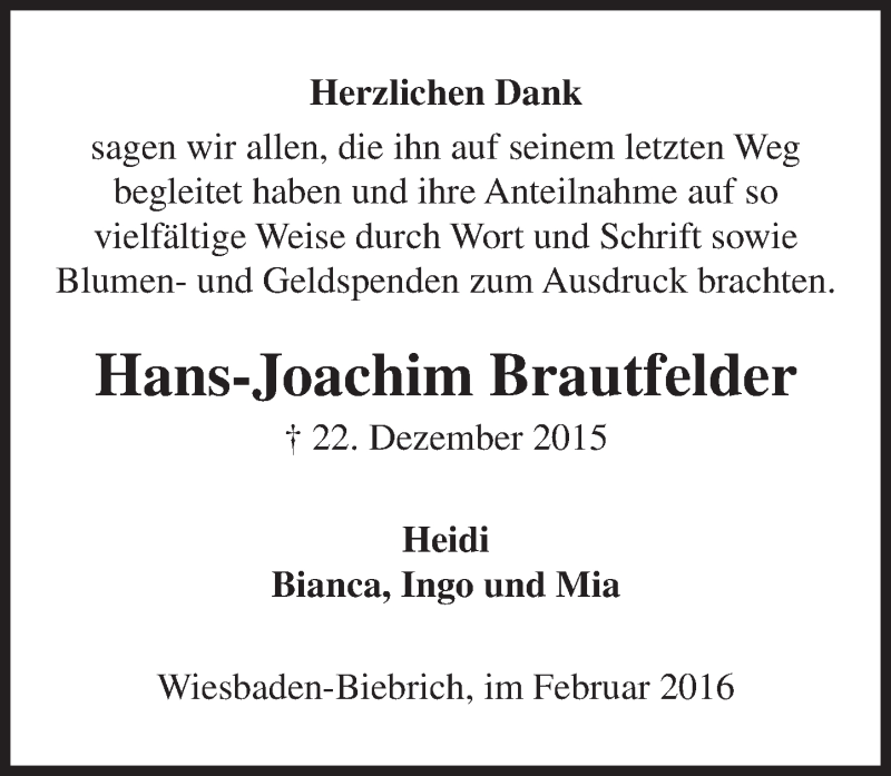  Traueranzeige für Hans-Joachim Brautfelder vom 17.02.2016 aus  Wiesbaden komplett
