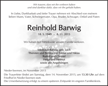 Traueranzeige von Reinhold Barwig von  Kreisanzeiger
