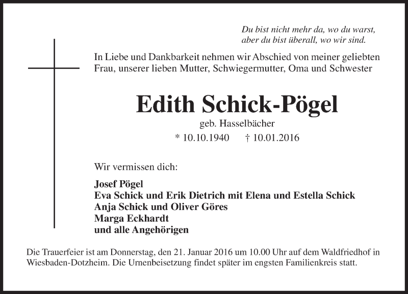  Traueranzeige für Edith Schick-Pögel vom 16.01.2016 aus  Wiesbaden komplett