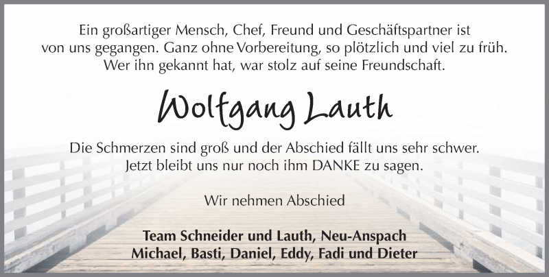  Traueranzeige für Wolfgang Lauth vom 12.01.2016 aus  Usinger Anzeiger