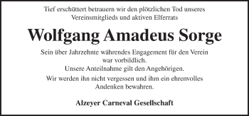 Traueranzeige von Wolfgang Amadeus Sorge von  Allgemeine Zeitung Alzey