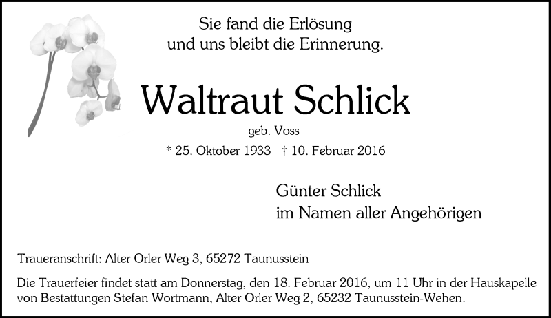  Traueranzeige für Waltraut Schlick vom 13.02.2016 aus  Wiesbaden komplett
