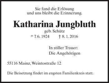 Traueranzeige von Katharina Jungbluth von  Allgemeine Zeitung Mainz