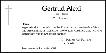 Traueranzeige von Gertrud Alexi von  WK-UTA/Aar-Bote