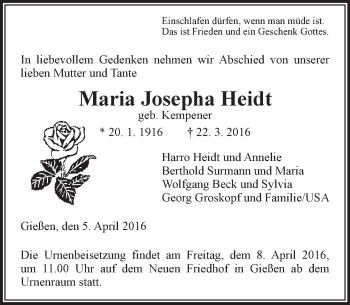 Traueranzeige von Maria Josepha Heidt von  Gießener Anzeiger