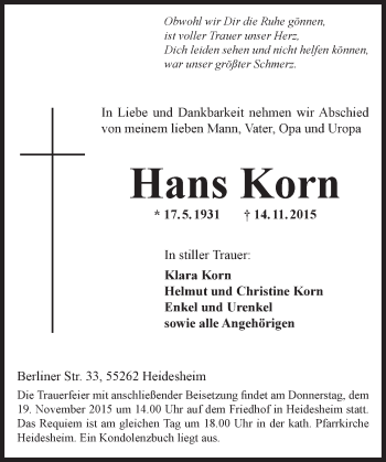 Traueranzeige von Hans Korn von  Allgemeine  Zeitung Ingelheim-Bingen