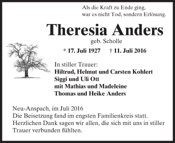 Traueranzeige von Therese Anders von  Usinger Anzeiger