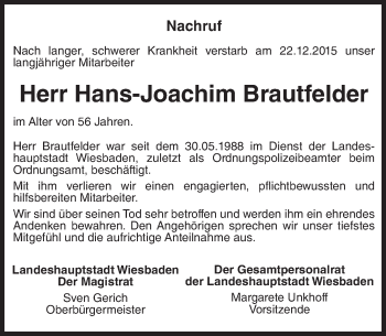 Traueranzeige von Hans-Joachim Brautfelder von trauer.rmp.de