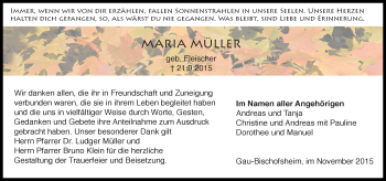 Traueranzeige von Maria Müller von  Allgemeine Zeitung Mainz