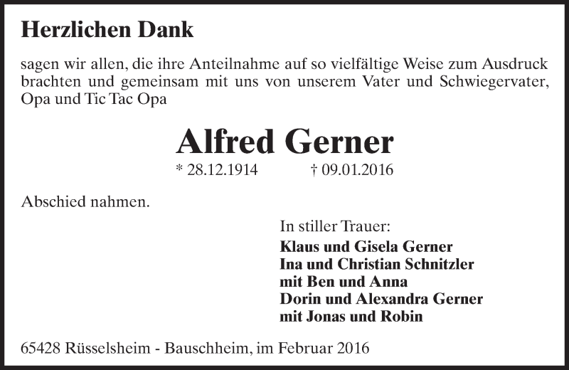  Traueranzeige für Alfred Gerner vom 17.02.2016 aus  Mainspitze