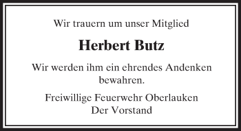 Traueranzeige von Herbert Butz von  Usinger Anzeiger