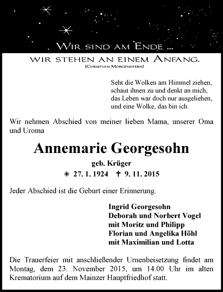  Traueranzeige für Annemarie Georgesohn vom 14.11.2015 aus  Allgemeine Zeitung Mainz