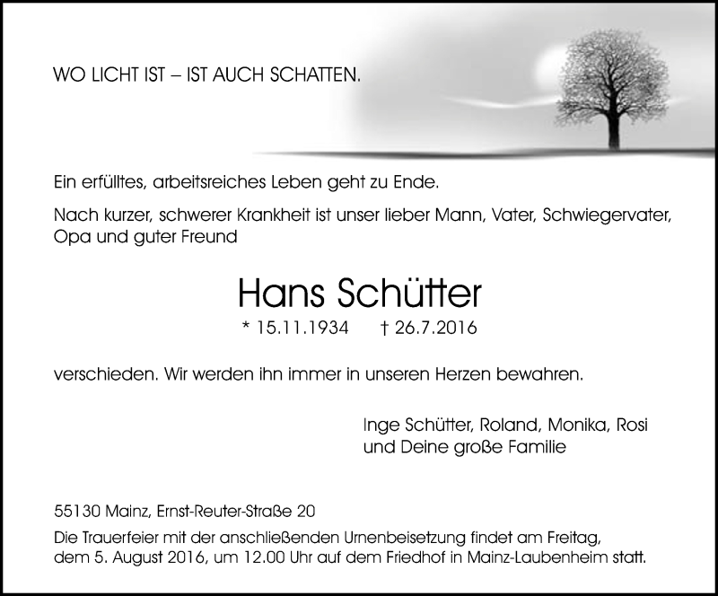  Traueranzeige für Hans Schütter vom 30.07.2016 aus Trauerportal Rhein Main Presse