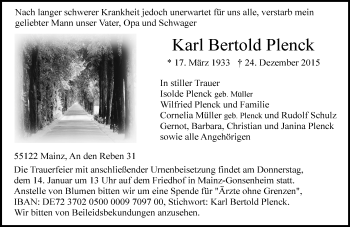 Traueranzeige von Karl Bertold Plenck von  Allgemeine Zeitung Mainz