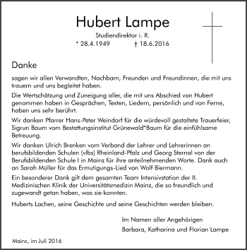 Traueranzeige von Hubert Lampe von Trauerportal Rhein Main Presse