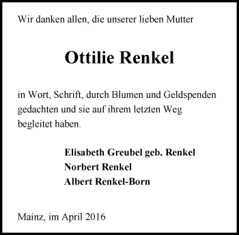 Traueranzeige von Ottilie Renkel von  Allgemeine Zeitung Mainz