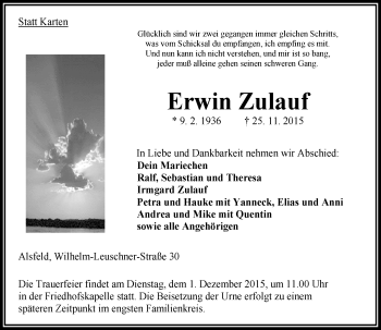 Traueranzeige von Erwin Zulauf von VRM Trauer