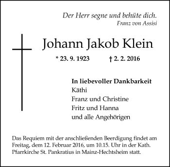 Traueranzeige von Johann Jakob Klein von  Allgemeine Zeitung Mainz