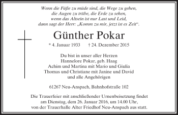 Traueranzeige von Günther Pokar von  Usinger Anzeiger