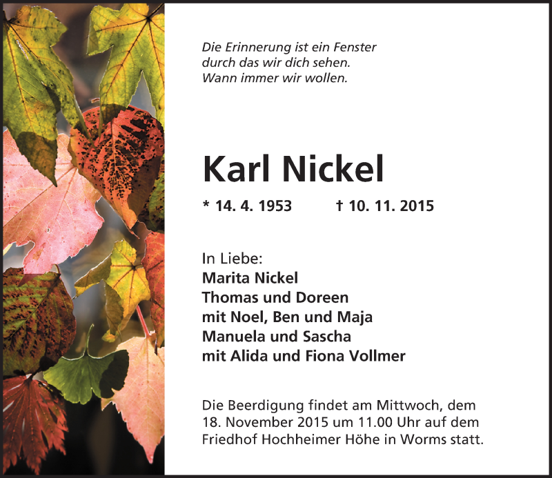 Traueranzeige für Karl Nickel vom 14.11.2015 aus  Wormser Zeitung
