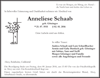 Traueranzeige von Anneliese Schaab von  Allgemeine Zeitung Alzey