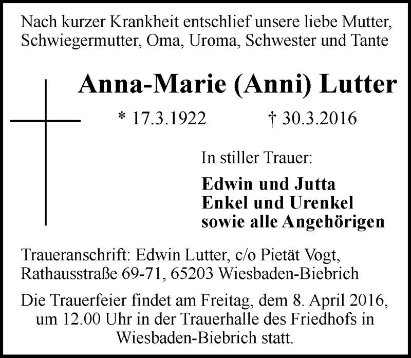  Traueranzeige für Anna-Marie Lutter vom 02.04.2016 aus  Wiesbaden komplett