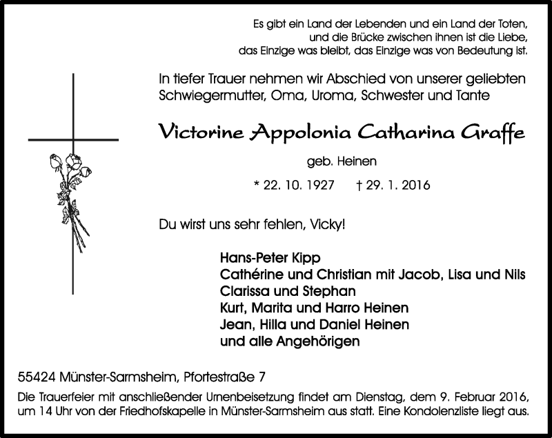  Traueranzeige für Victorine Appolonia Catharina Graffe vom 03.02.2016 aus  Allgemeine  Zeitung Ingelheim-Bingen