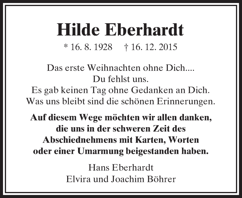  Traueranzeige für Hilde Eberhardt vom 09.01.2016 aus  Usinger Anzeiger