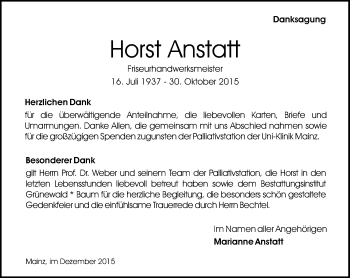Traueranzeige von Horst Anstatt von  Allgemeine Zeitung Mainz
