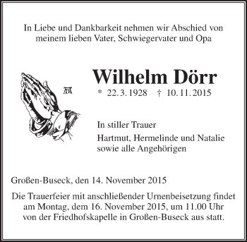 Traueranzeige von Wilhelm Dörr von  Gießener Anzeiger