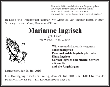Traueranzeige von Marianne Ingrisch von VRM Trauer
