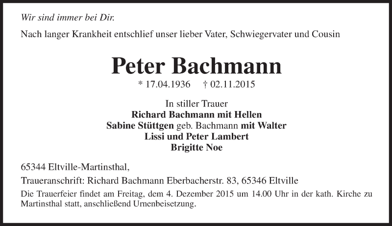  Traueranzeige für Peter Bachmann vom 13.11.2015 aus  Rheingau