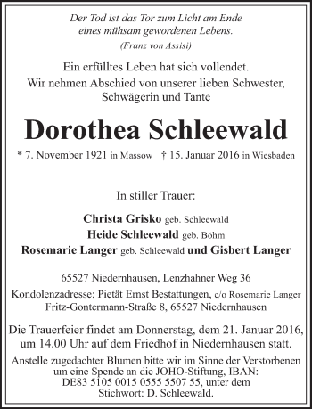 Traueranzeige von Dorothea Schleewald von  Wiesbaden komplett