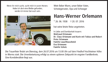 Traueranzeige von Hans-Werner Orlemann von Trauerportal Rhein Main Presse