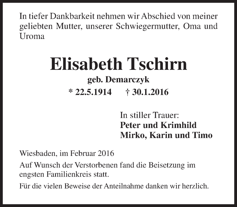  Traueranzeige für Elisabeth Tschirn vom 20.02.2016 aus  Wiesbaden komplett