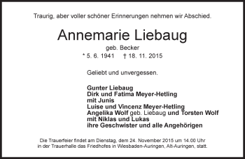 Traueranzeige von Annemarie Liebaug von  Wiesbaden komplett