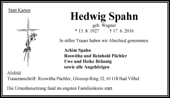 Traueranzeige von Hedwig Spahn von VRM Trauer